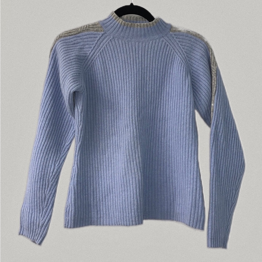 Columbia Lambswool Powder Blue and Gray Ribbed Mock Turtleneck Sweater Size M